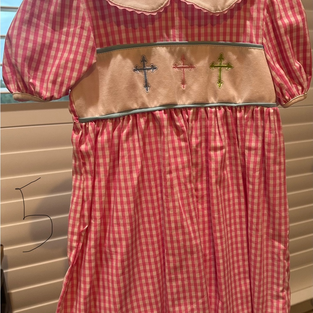 Pink Gingham Dress with Embroidered Crosses